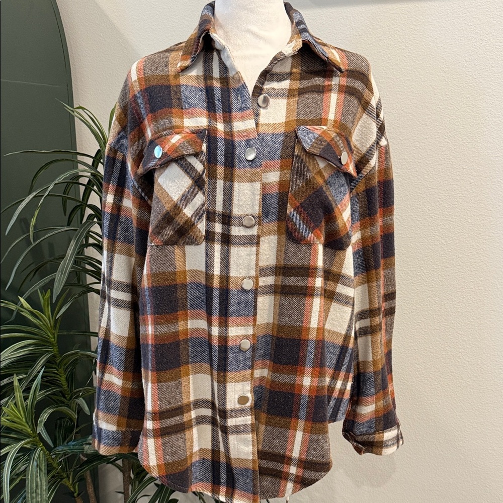 Women’s Plaid Top Long Sleeve Flannel Button Front Casual Brown Warm Colors S